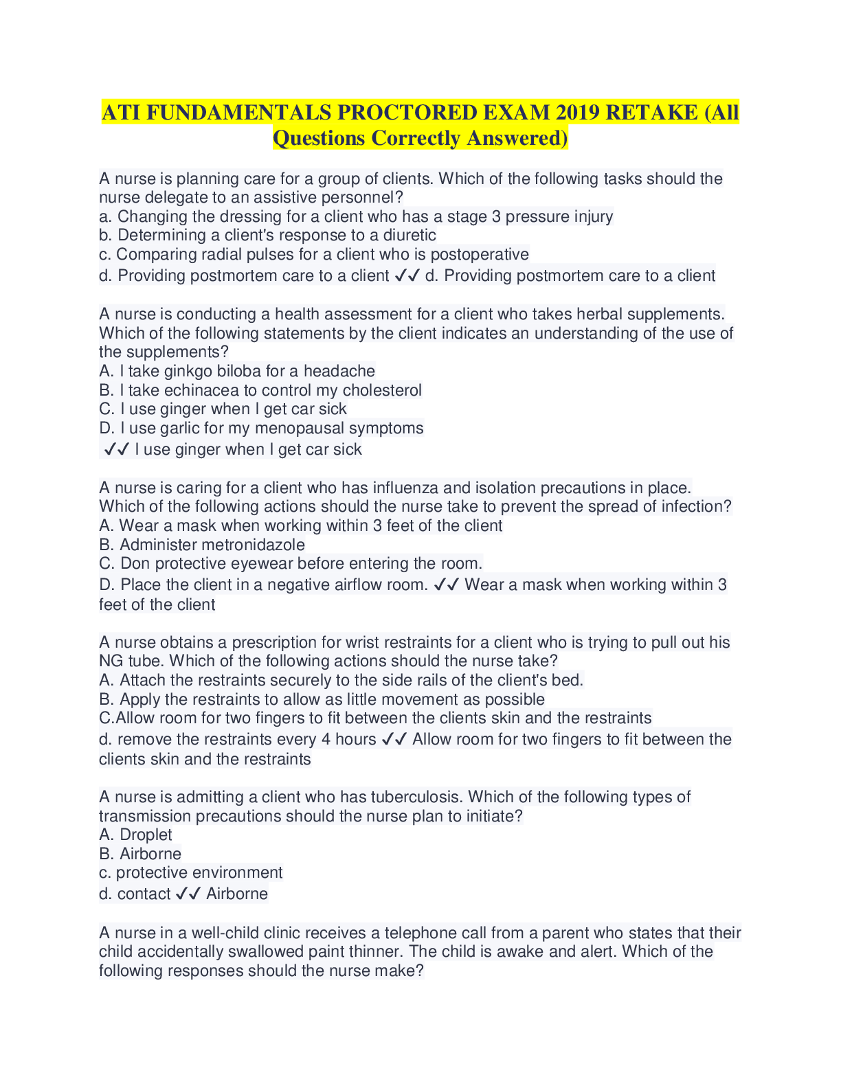 Preview image for ATI FUNDAMENTALS PROCTORED EXAM 2019 RETAKE (All Questions Correctly Answered)